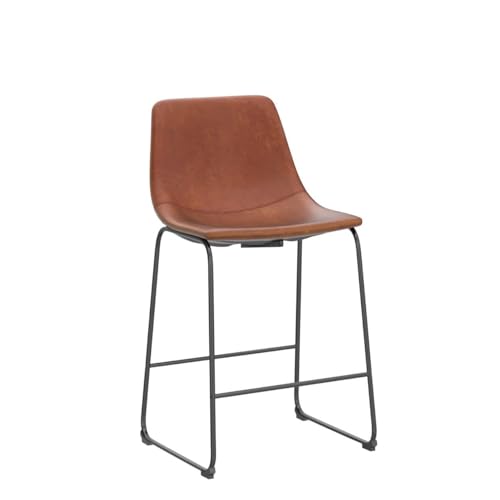 Whiskey Brown Faux Leather Bar Stools, Counter Height Set of 2, 26 inches