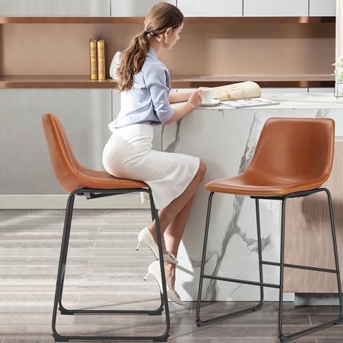 Set of 4 BENIKA 26 Brown Leather Bar Stools with Back