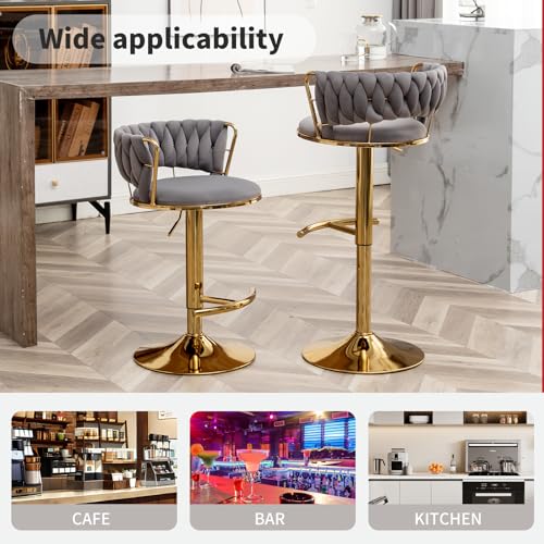 4 Gold Velvet Counter Height Bar Stools with Low Back & 360° Swivel (Grey)